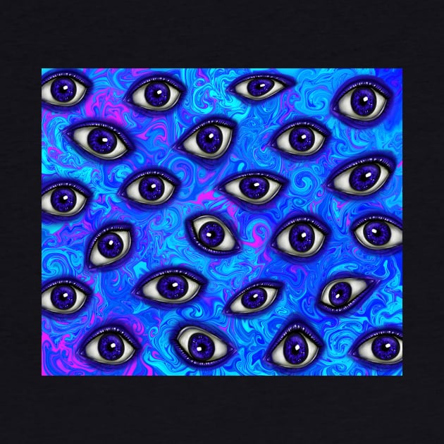 Trippy Psychedelic Blue Eyes on Vivid Bright Neon Blue Green Purple Turquoise Swirl Background by galaxieartshop